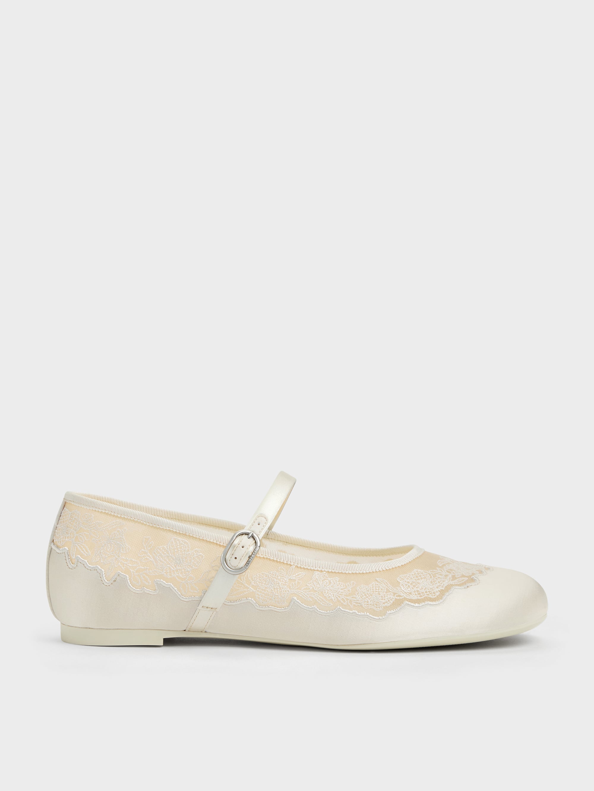 Satin Embroidered-Mesh Mary Jane Flats - White - CHARLES & KEITH TW